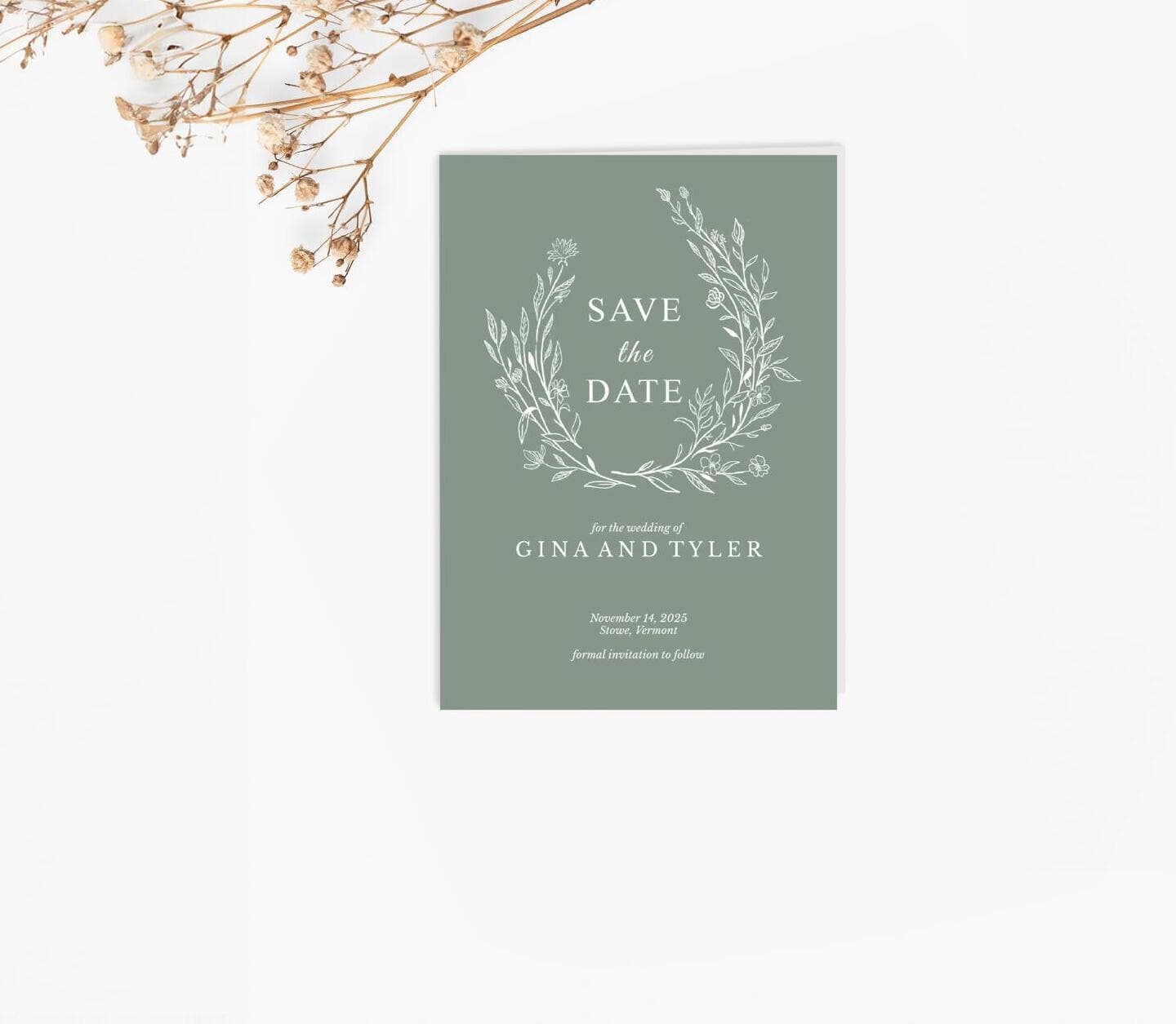 Minimalist Wreath Green Save The Date Card