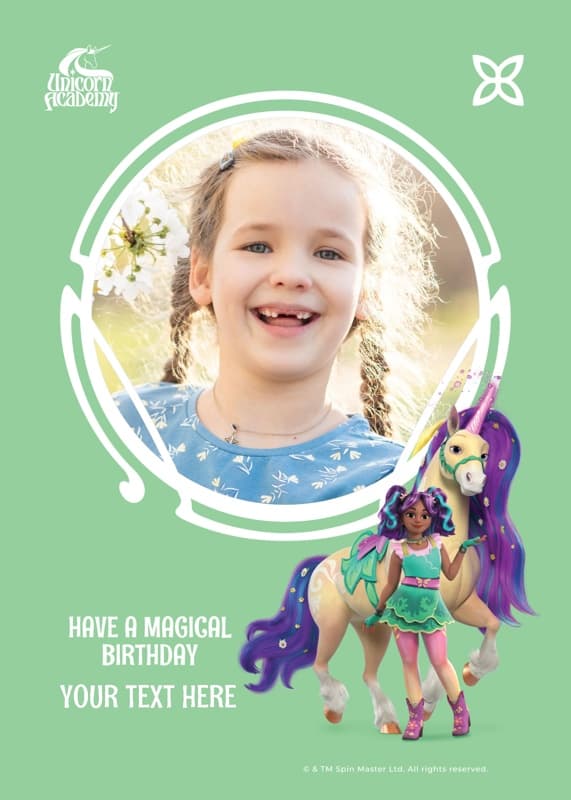 Unicorn Academy™ Ava And Leaf Birthday Photo Card