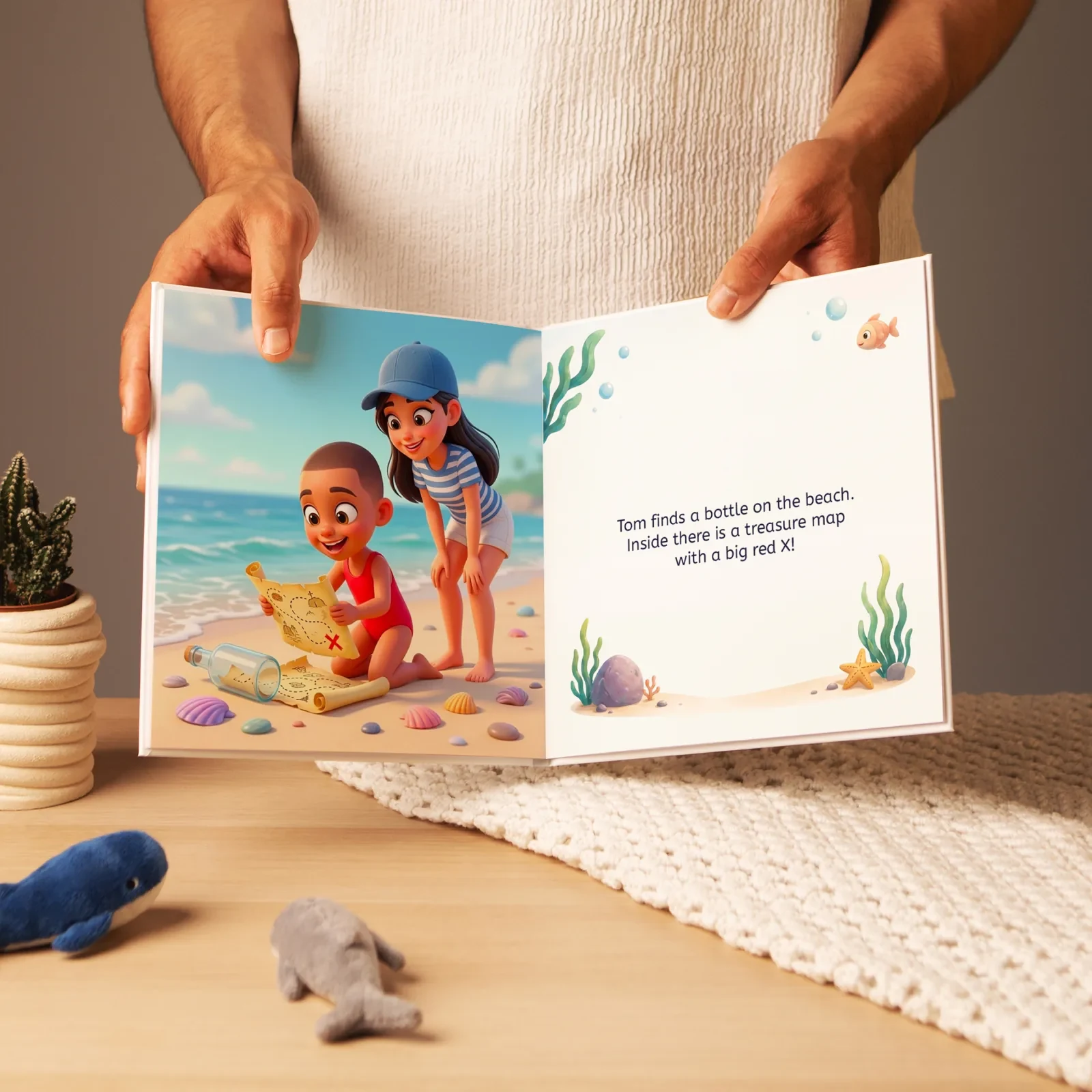 Open Little Hero Book spread: kids finding a treasure map on a beach