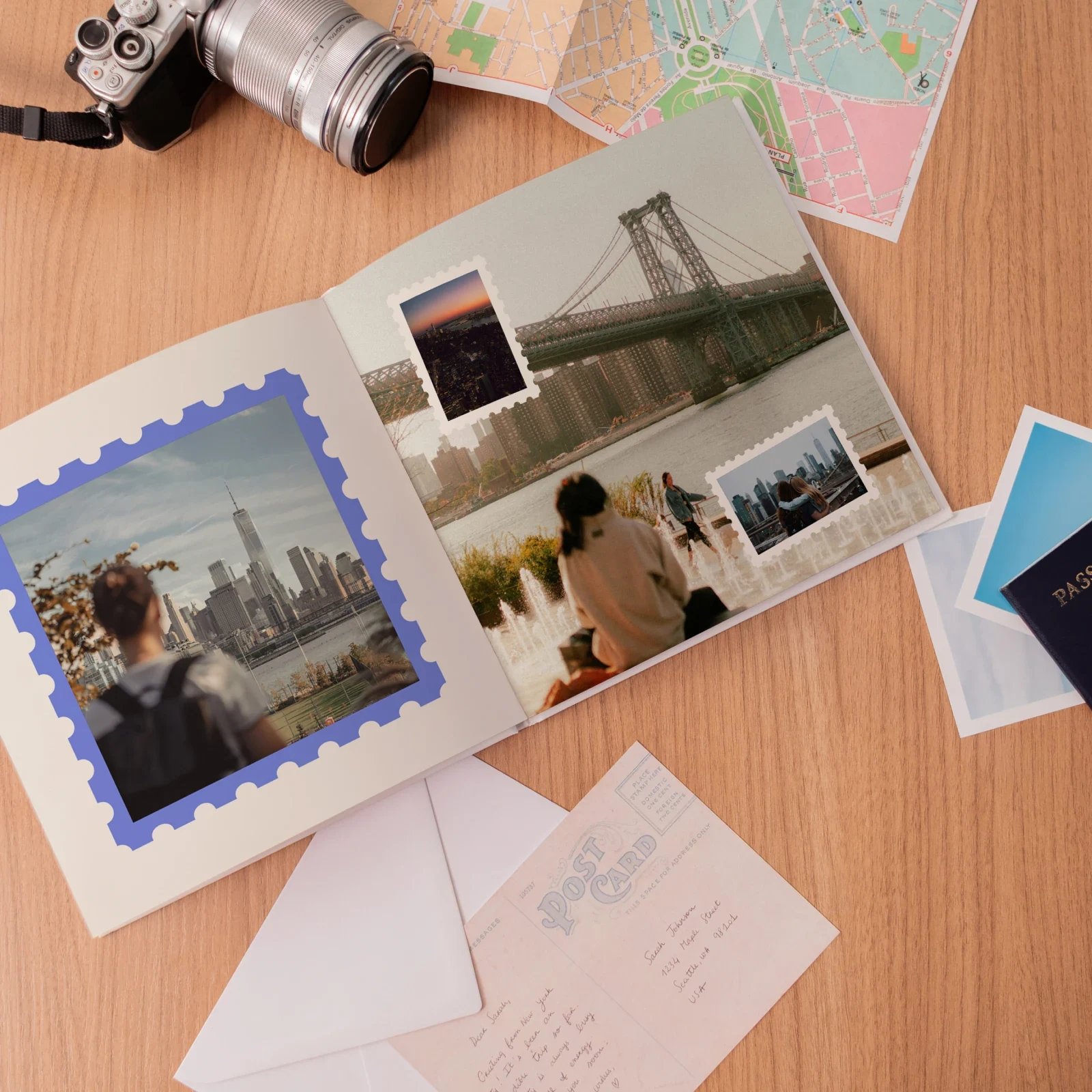 An open Picta Travel Book spread of New York City photos