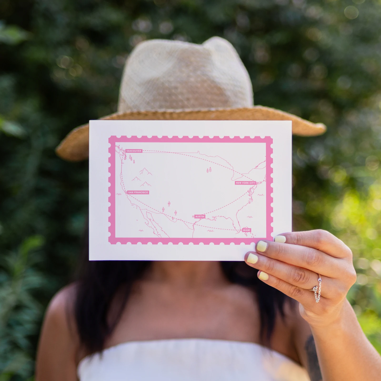 Travel Card — a pink US trip map from Vancouver to Miami
