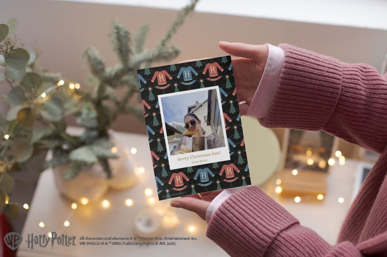 Harry Potter themed card on a fairy light background