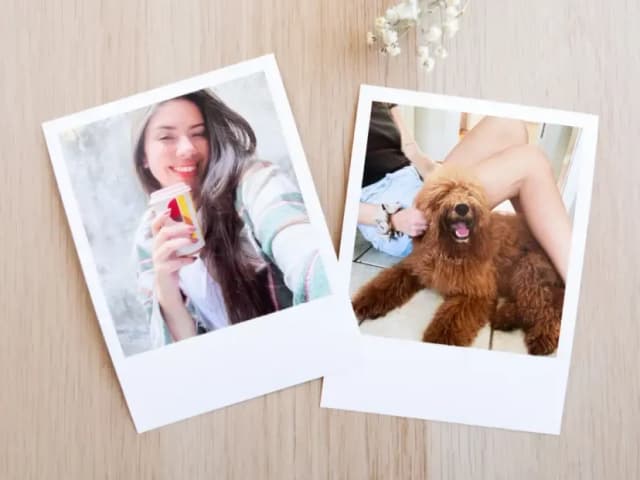 Polaroid style pictures of a girl and a dog