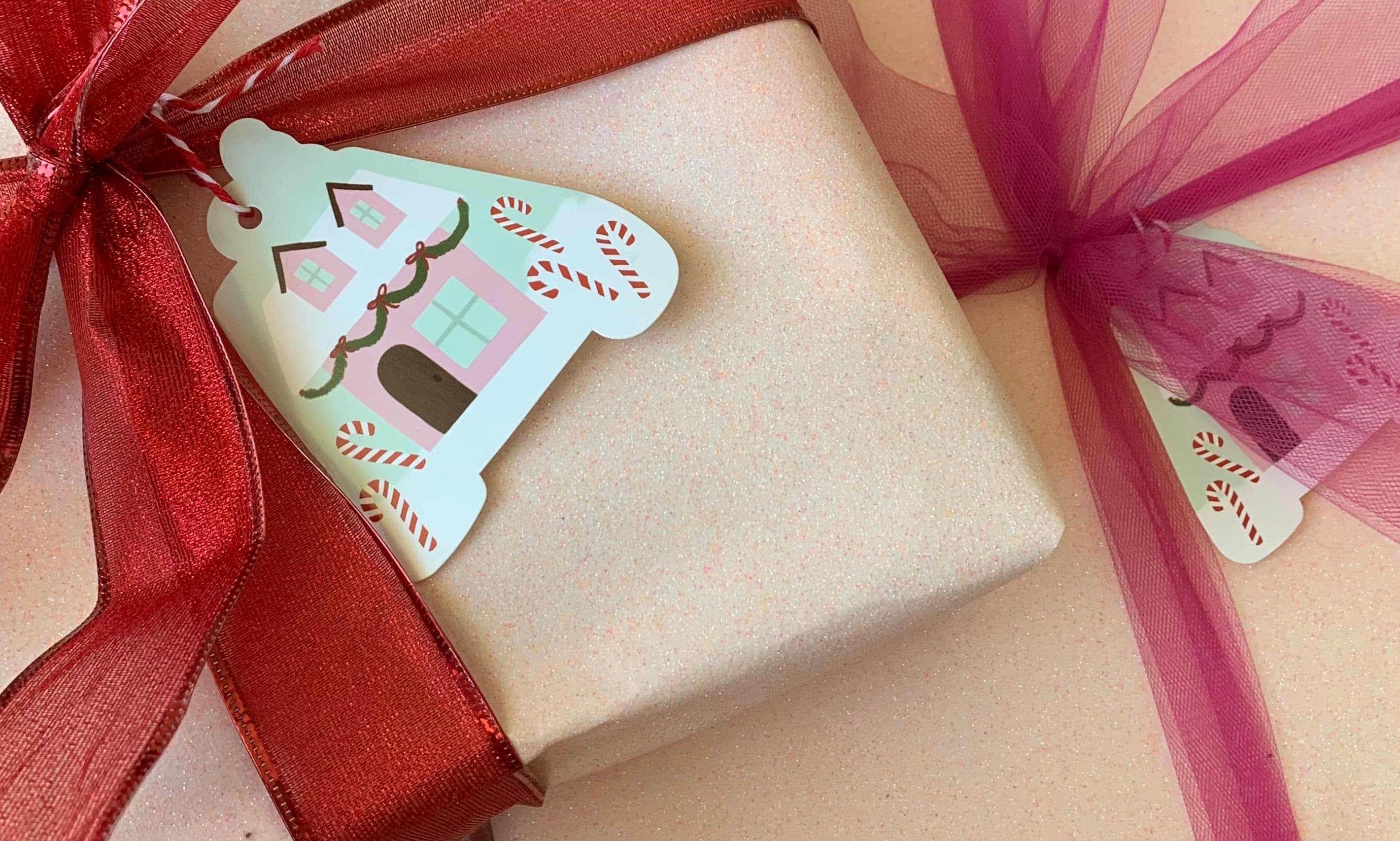 Presents wrapped in craft paper with red and pink bows