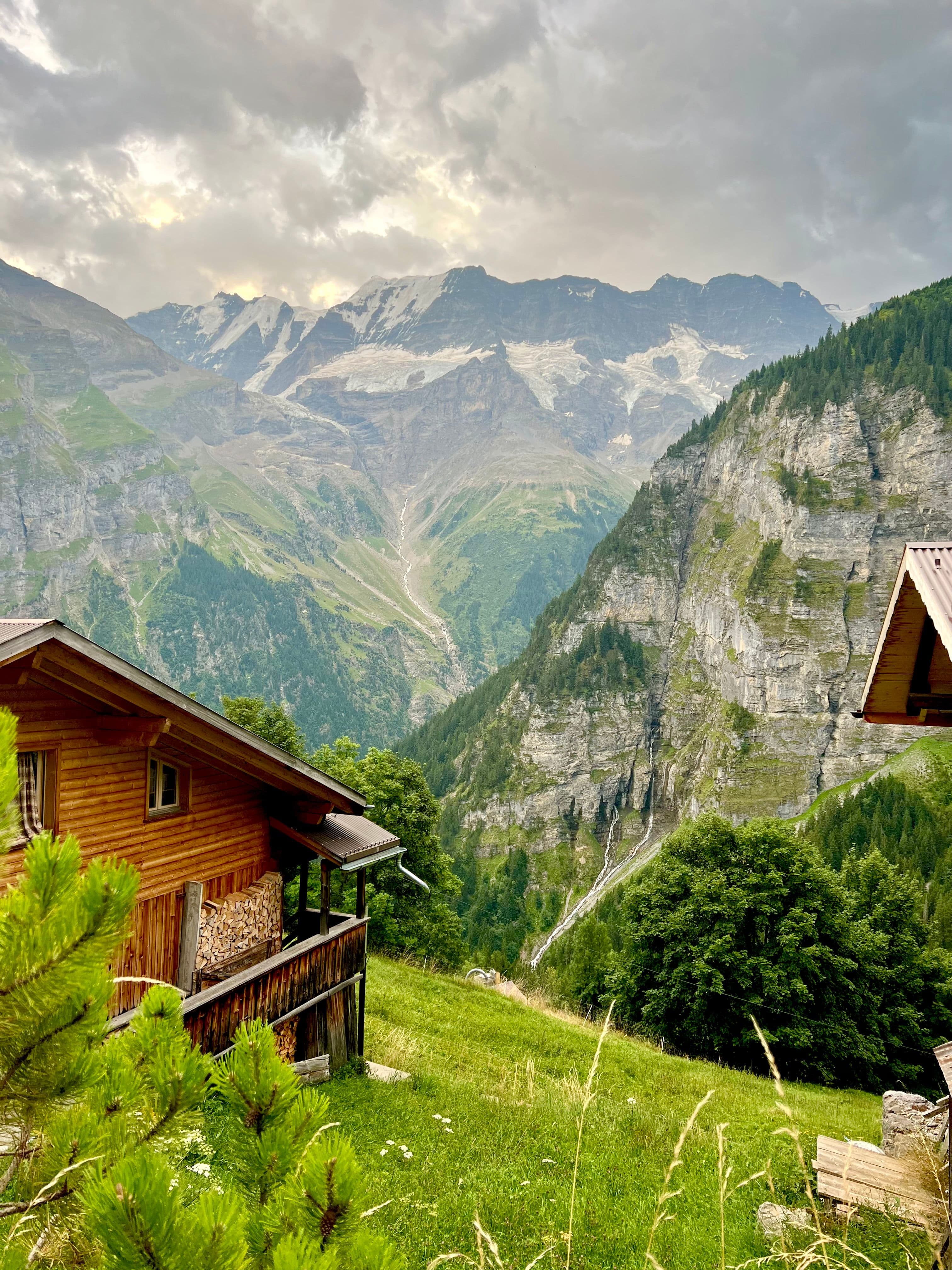 Mountain view with wooden cabins