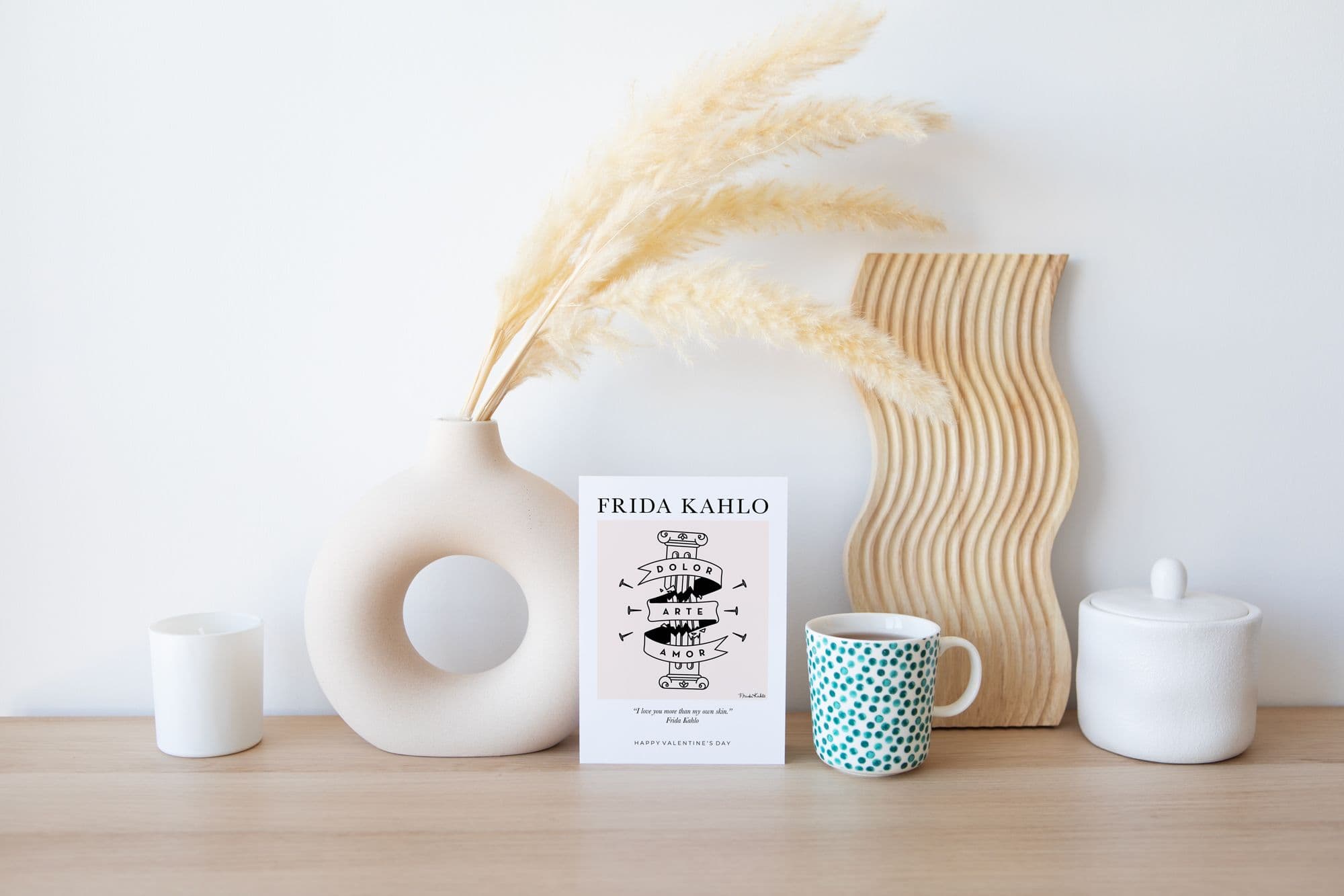 Mockup with a Valentine's Day card of Frida Kahlo