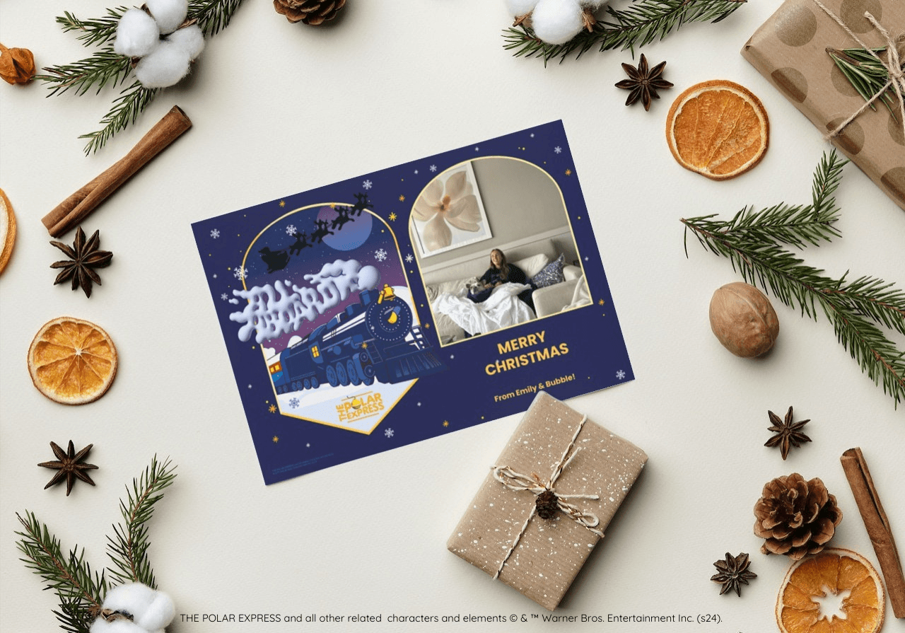 Polar express card on a christmassy background